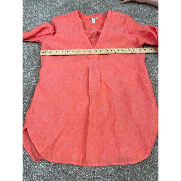 L.L. Bean Linen Tunic Top Orange Split V Neck Long Sleeve Hi Low 100% Linen XS - Picture 6 of 9